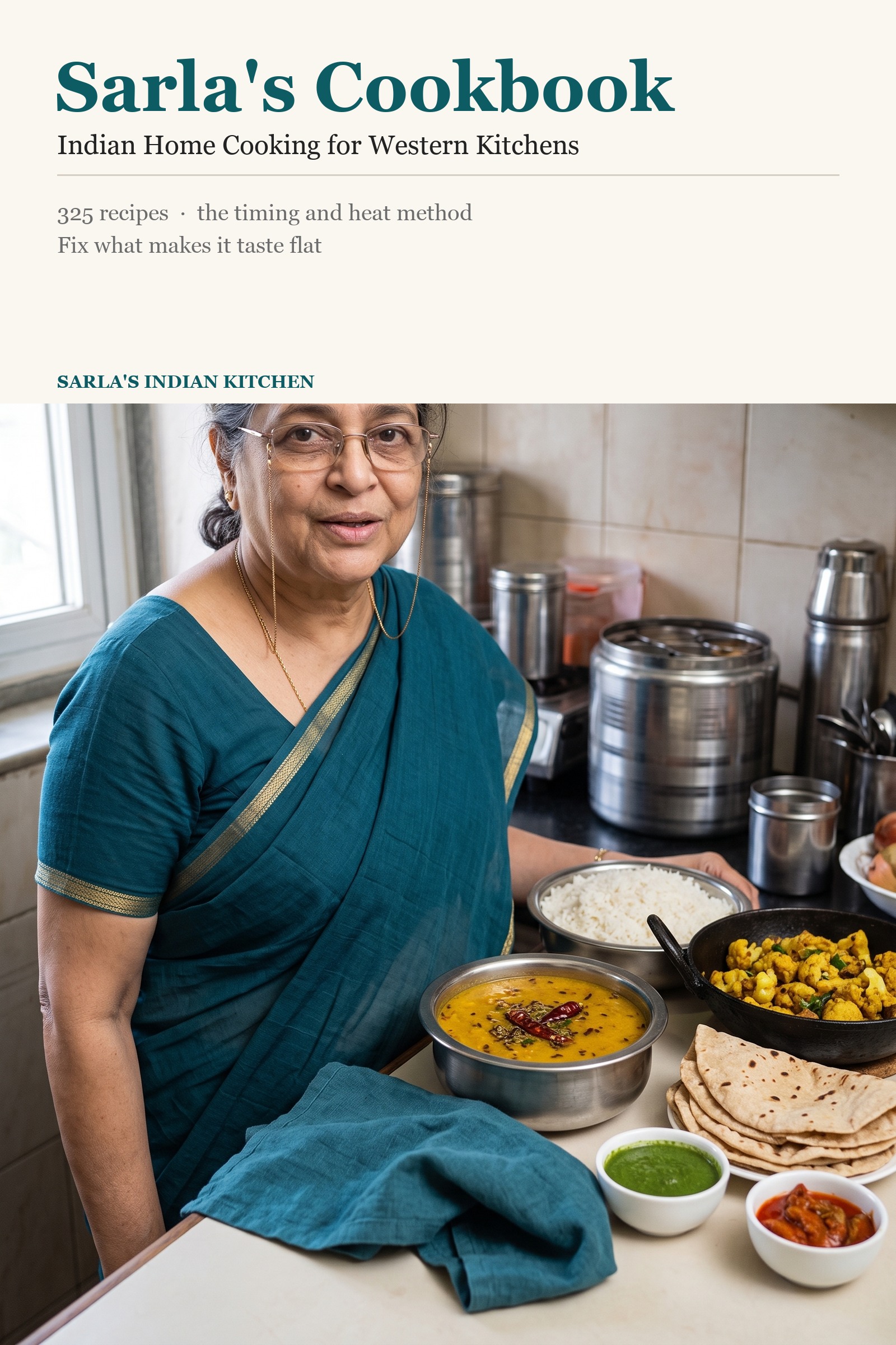 Sarla's Cookbook cover, a table of Indian home cooking